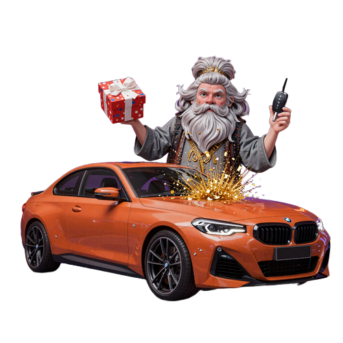 Granny Maskottchen mit BMW M240i Schl&uuml;ssel als SpinGranny Box Gewinn